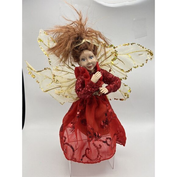 Elf Figurine Red Dress Gold Wings Fairy Pixie Fantasy Signed 12"  Real Eye lashe - Picture 8 of 16